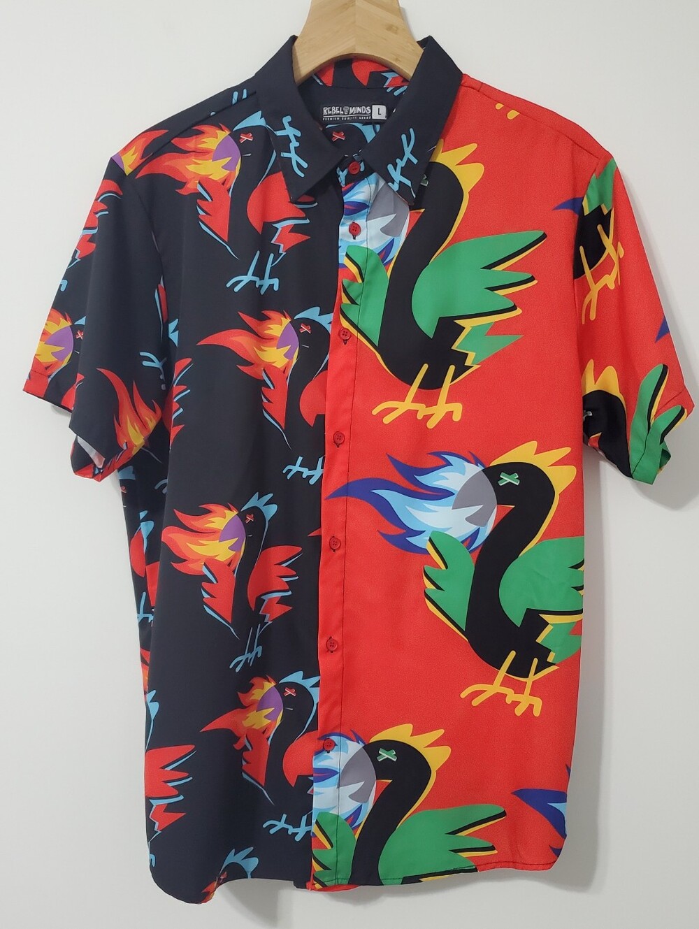 Rebel Minds Hawaiian Aloha Rooster Colorblock Button Up Shirt Blavk Red Large